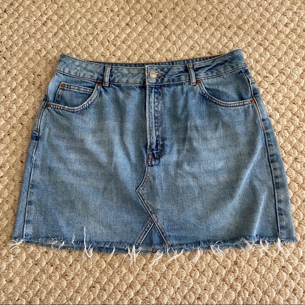 Topshop moto high rise jean skirt with frayed hem